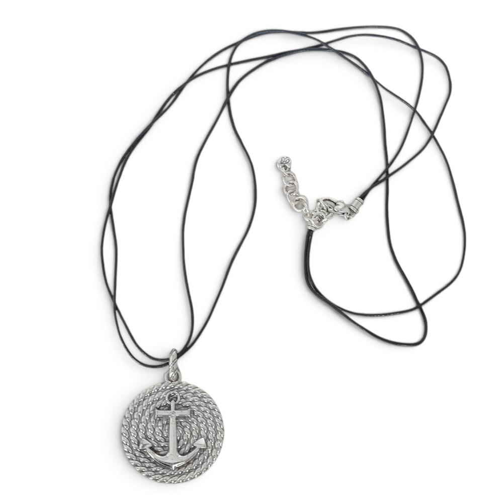 Brighton Anchor Medallion Pendant Necklace Black Cord Engraved Retired Rare